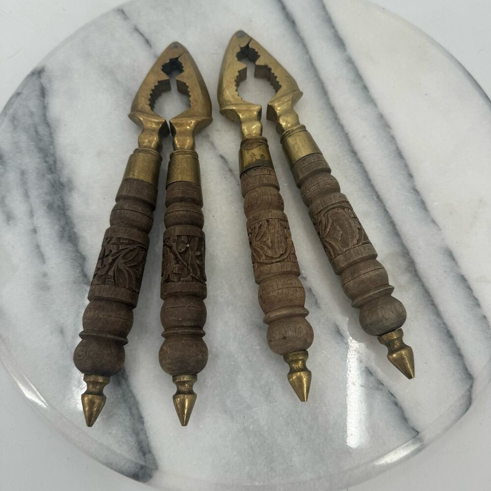 Set of 2 Brass and wooden carved handle Nutcrackers